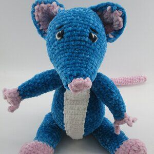15" Blue Mouse Rat Amigurumi Stuffed Animal Crochet with Embroidery Eyes & Nose.